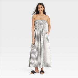 Striped Black and White Strapless Maxi Dress